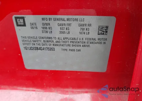 2016 Chevrolet Sonic Lt Auto из США, поврежденный, VIN 1G1JC6SB4G4175263